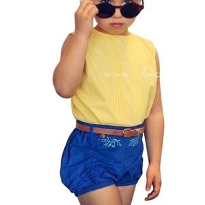 LACEY LANE AUSTRALIA Pucker Front Floral Embroidered Bubble Shorts Size 6 Blue